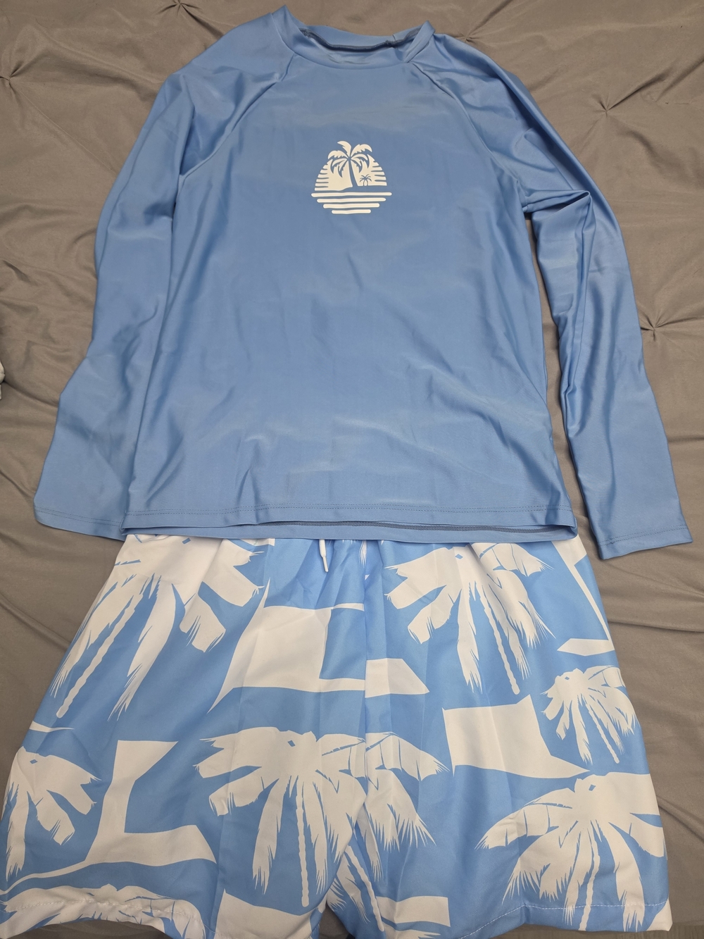 Kids Blue Palm Rash Guard Set - Long Sleeve Top & Swim Shorts
